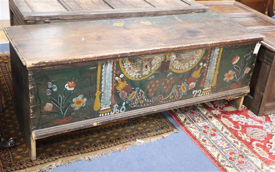 A 19th century Continental painted pine coffer W.150cm